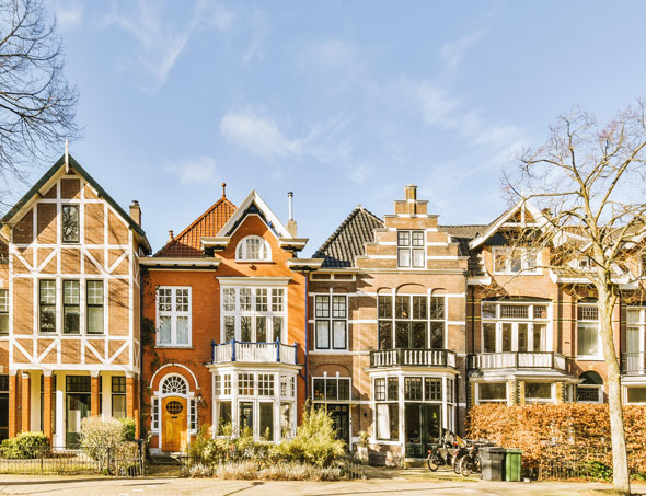 row of colorful historic houses with varying architectural styles and features in a sunny setting near trees and plants showcasing beautiful urban design and city charm 2 different styles and two examples of design