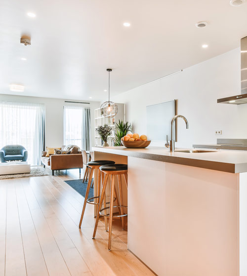 Modern open-plan living space featuring kitchen, dining area, and comfortable seating.